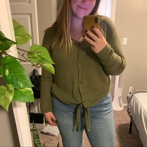 Green Button Tie Front Long Sleeve